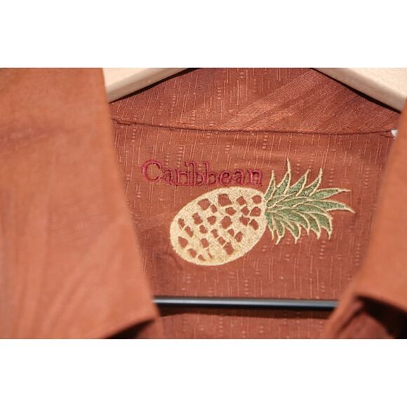 Caribbean Mens Silk‎ Hawaiian Shirt Burnt Orange Button Up Short Sleeve Size M - Picture 5 of 7